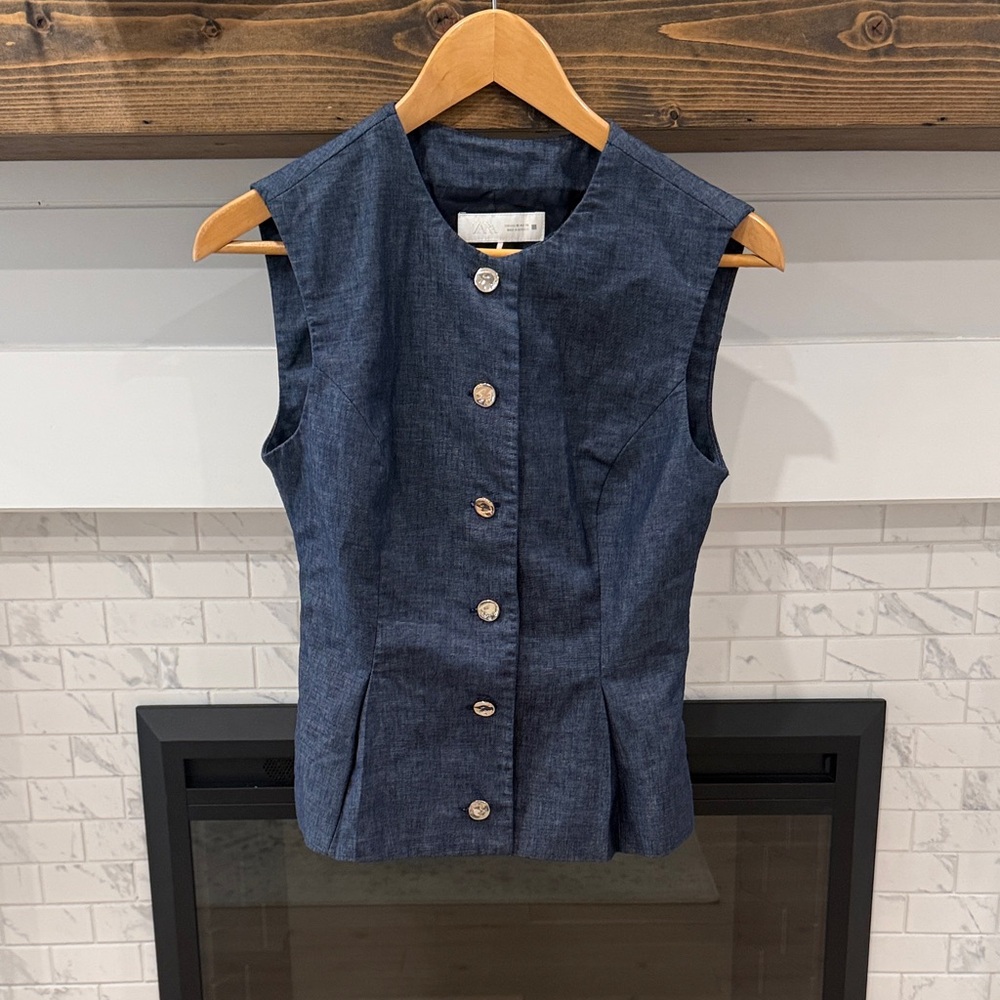 Zara Dark Blue Denim button up vest top